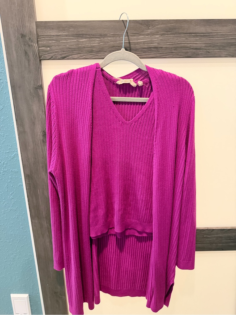 Soft Surroundings Magenta/Plum Ribbed Sweater Cardigan Set - read description